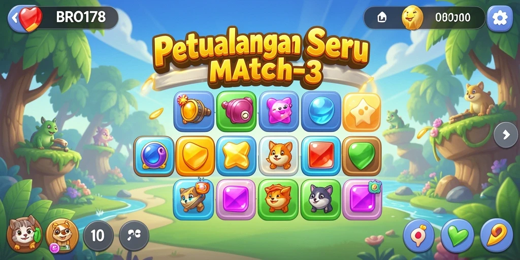 Screenshot BRO178 menampilkan gameplay seru dengan level Match-3 yang menantang.
