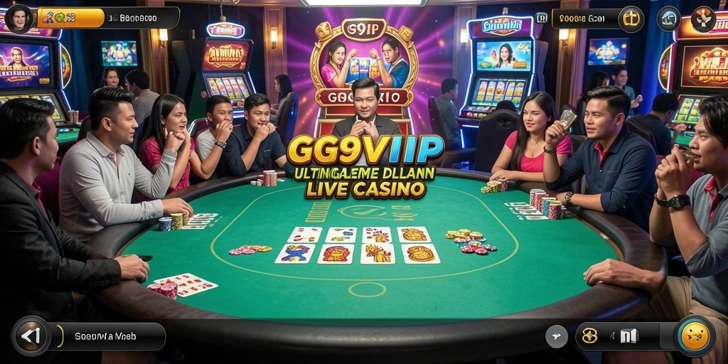 Screenshot gameplay G9VIP yang menampilkan dealer langsung dan suasana kasino.