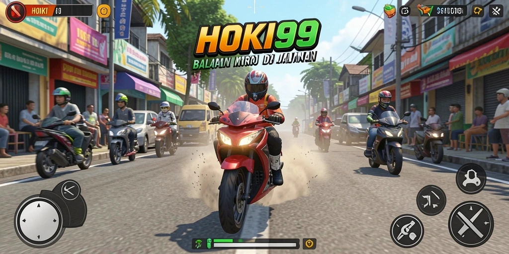 Screenshot utama HOKI99 menampilkan aksi balapan motor yang mendebarkan.