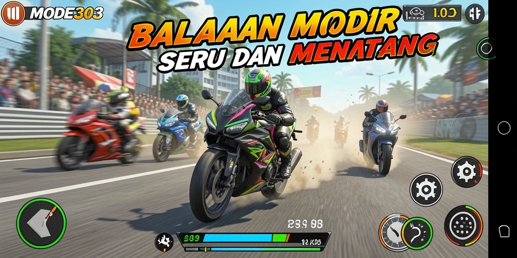 Tampilan gameplay seru dalam MODE303 dengan balapan motor yang menantang.