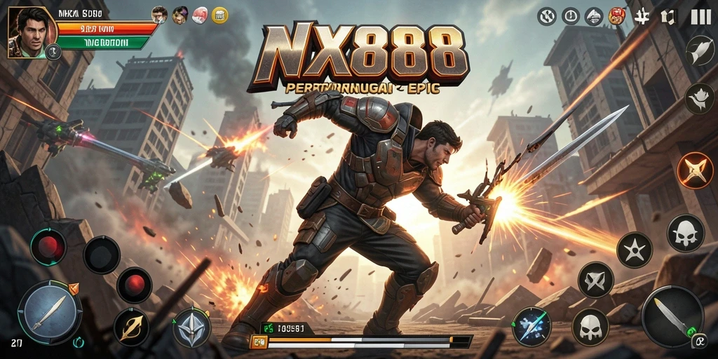 Tampilan gameplay action mendebarkan NX888 dengan pertarungan intens.