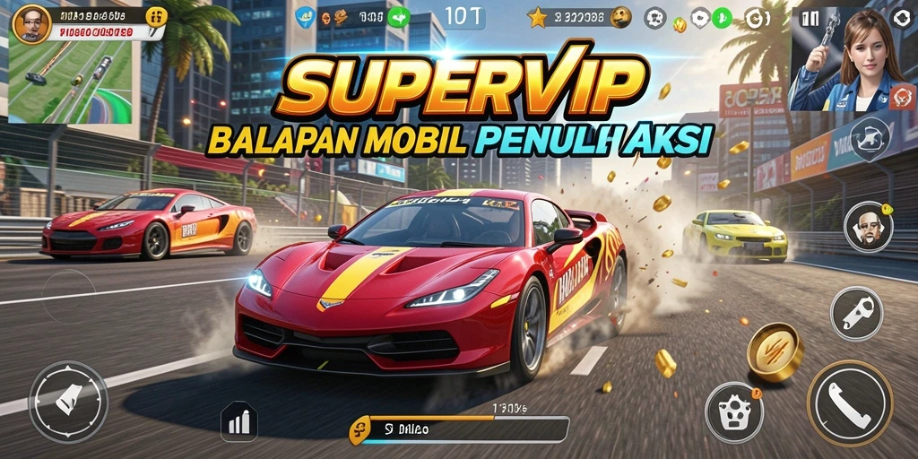 Screenshot utama memperlihatkan aksi balapan mendebarkan dari SUPERVIP.