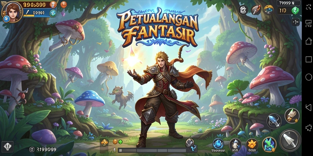 Tangkapan layar gameplay T9999 menampilkan pertarungan epik di dunia fantasi.