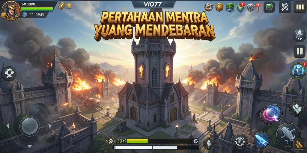 Screenshot utama VIO77 menunjukkan aksi pertahanan menara yang intens.